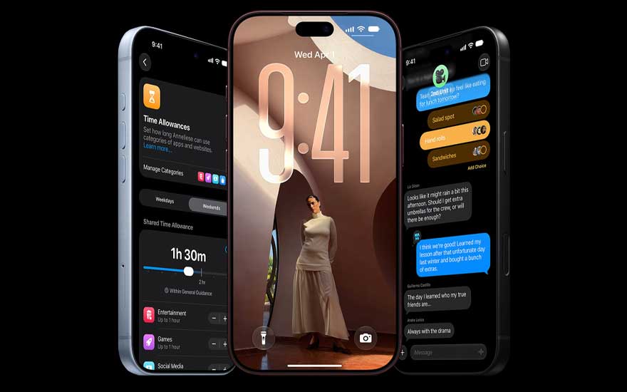 Drie smartphones tonen schermtijdlimieten, een vrouw op het vergrendelscherm en een kleurrijk chatgesprek met keuzes en reacties.