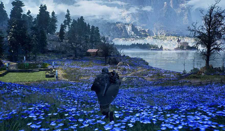 Magnifique paysage avec un guerrier marchant à travers un champ de fleurs bleues, avec des montagnes et un lac en arrière-plan.