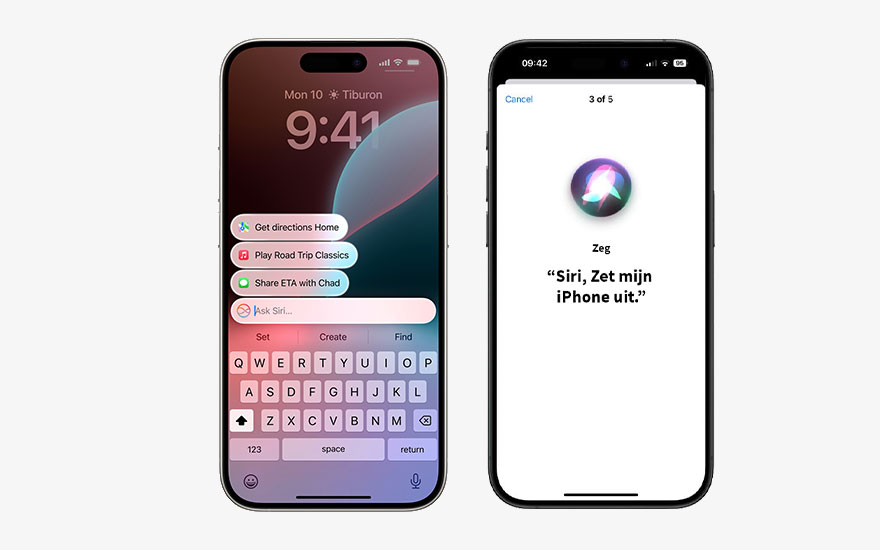 Twee iPhones tonen schermen: één met een toetsenbord, de andere met Siri die een commando in het Nederlands weergeeft.