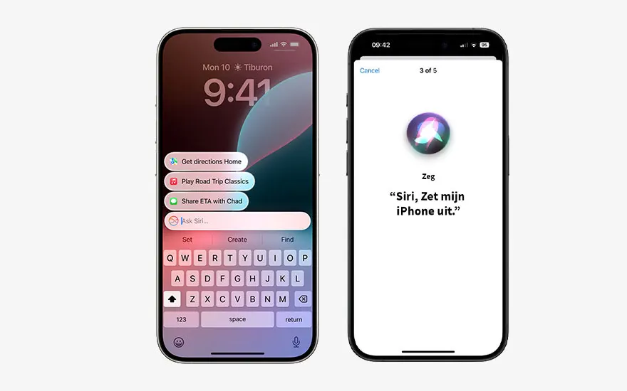 Twee iPhones tonen schermen: één met een toetsenbord, de andere met Siri die een commando in het Nederlands weergeeft.
