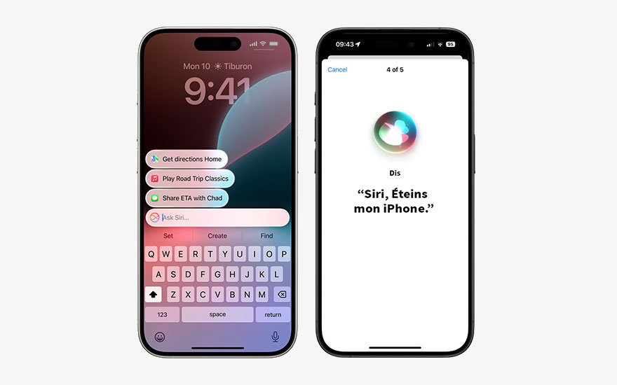 Deux iPhones affichent des écrans : l'un avec un clavier et l'autre avec l'interface Siri en français.