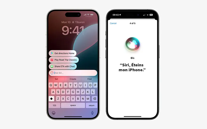 Deux iPhones affichent des écrans : l'un avec un clavier et l'autre avec l'interface Siri en français.