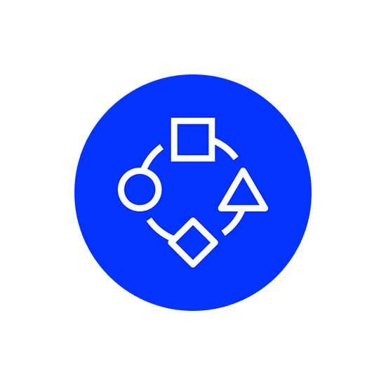 Un cercle bleu avec un cercle, un carré, un losange et un triangle blancs reliés par des lignes blanches à l'intérieur.