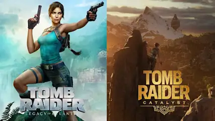 Deux jaquettes Tomb Raider montrent Lara face à la nature sauvage ; les titres annoncent Atlantis et un nouveau chapitre Catalyst.