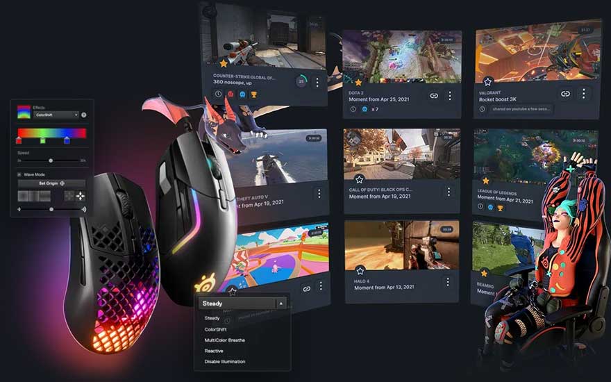 Twee gamingmuizen met RGB-verlichting, menu met aanpassingsopties, en thumbnails van games. Donkere achtergrond.