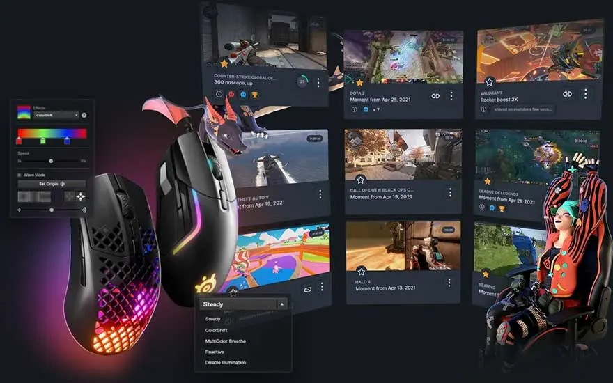 Deux souris de jeu SteelSeries éclairées par des couleurs vives, avec des captures d'écran de jeux vidéo en arrière-plan.