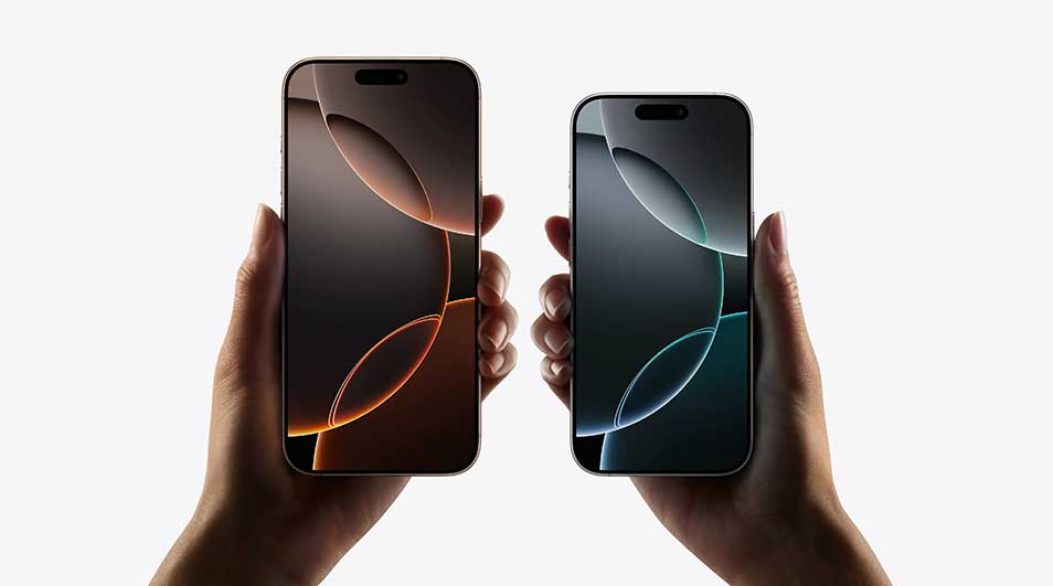 Two hands hold smartphones against a white background. The phone on the left displays an orange abstract design, and the right, a blue design.