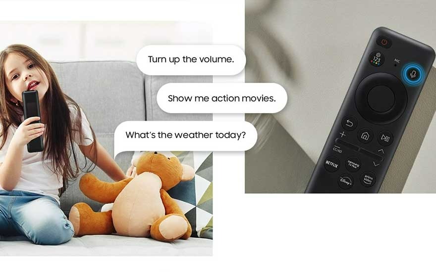 A split image shows a remote control and a couch with a teddy bear. Speech bubbles display voice commands.
