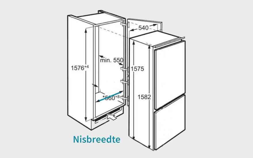 Diagram toont inbouwkoelkastafmetingen, inclusief hoogte (1576+4), diepte (min. 550, 540) en breedte (560+8, nisbreedte), op een lichtgrijze achtergrond.