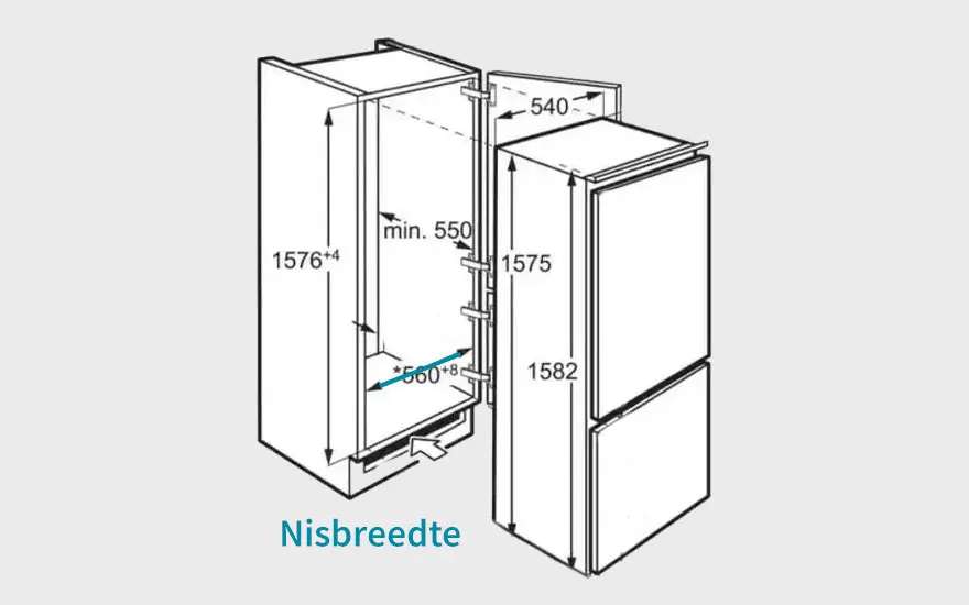Diagram toont inbouwkoelkastafmetingen, inclusief hoogte (1576+4), diepte (min. 550, 540) en breedte (560+8, nisbreedte), op een lichtgrijze achtergrond.