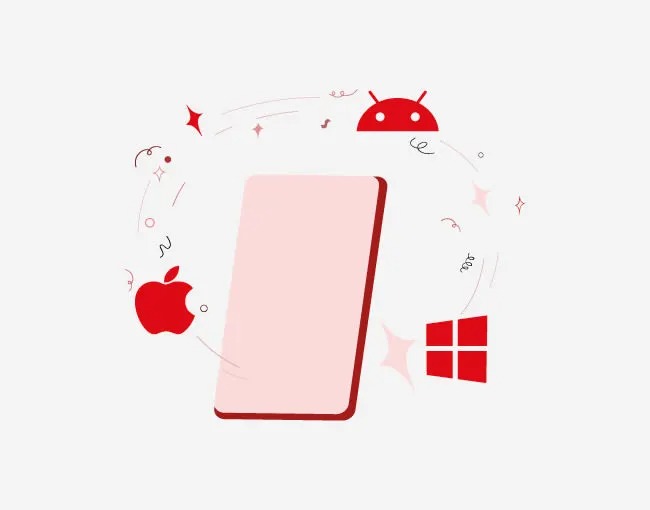 A pink smartphone stands center, surrounded by red icons: Apple, Android, and Windows, on a white background.