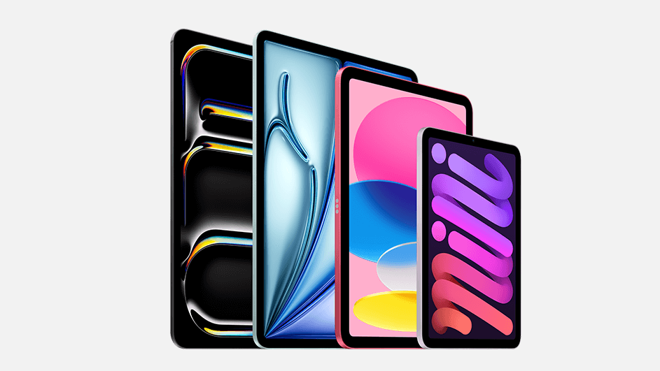 Quatre modèles d’iPad de tailles différentes alignés du plus grand au plus petit, chacun affichant un fond d’écran abstrait et coloré.