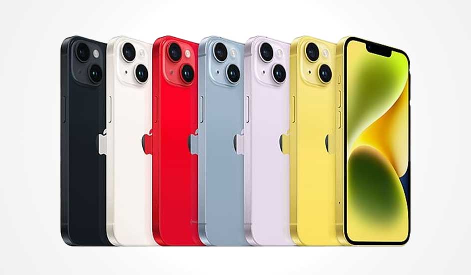 Une rangée d’iPhone colorés à double caméra, avec un modèle jaune de face affichant un écran vert et jaune lumineux.