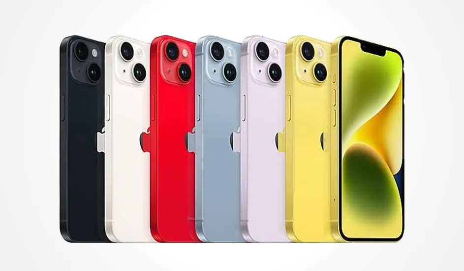 Een rij iPhones in felle kleuren, dubbele camera’s achteraan en één gele aan de voorkant met een groen-geel scherm.