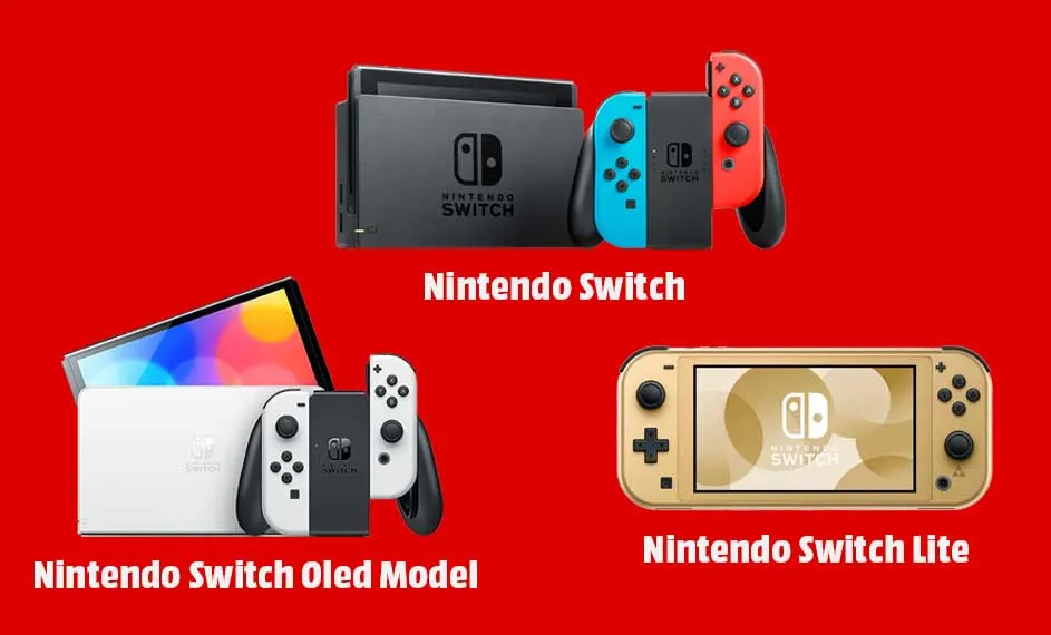Drie Nintendo Switch-spelconsoles op een rode achtergrond: een standaardmodel, een OLED-model en een Lite-versie.