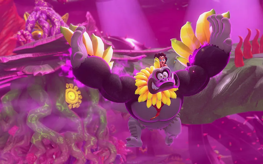 Donkey Kong vliegt door een magische paarse wereld met gele bloemblaadjes, terwijl Pauline op zijn rug zit in deze fantasierijke scène.