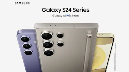 Drie Samsung Galaxy S24-telefoons in paars, grijs en goud met camera's, op witte achtergrond met 'Galaxy S24 Series'-tekst.