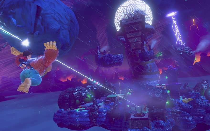 Donkey Kong roule sur une moto futuriste à travers une ville cyberpunk éclairée au néon avec des effets lumineux violets et bleus.