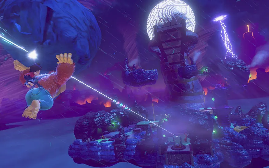 Donkey Kong roule sur une moto futuriste à travers une ville cyberpunk éclairée au néon avec des effets lumineux violets et bleus.