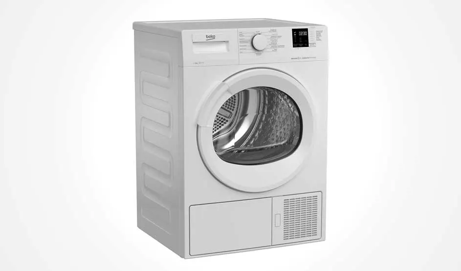 Un sèche-linge blanc Beko avec porte ronde et écran digital est posé sur fond clair, la marque Beko est bien visible en haut à gauche.