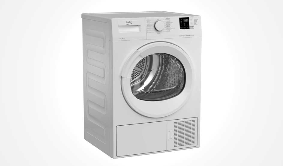 Een witte Beko wasdroger met ronde deur en digitaal display staat tegen een lichte achtergrond, merk Beko is duidelijk zichtbaar linksboven.