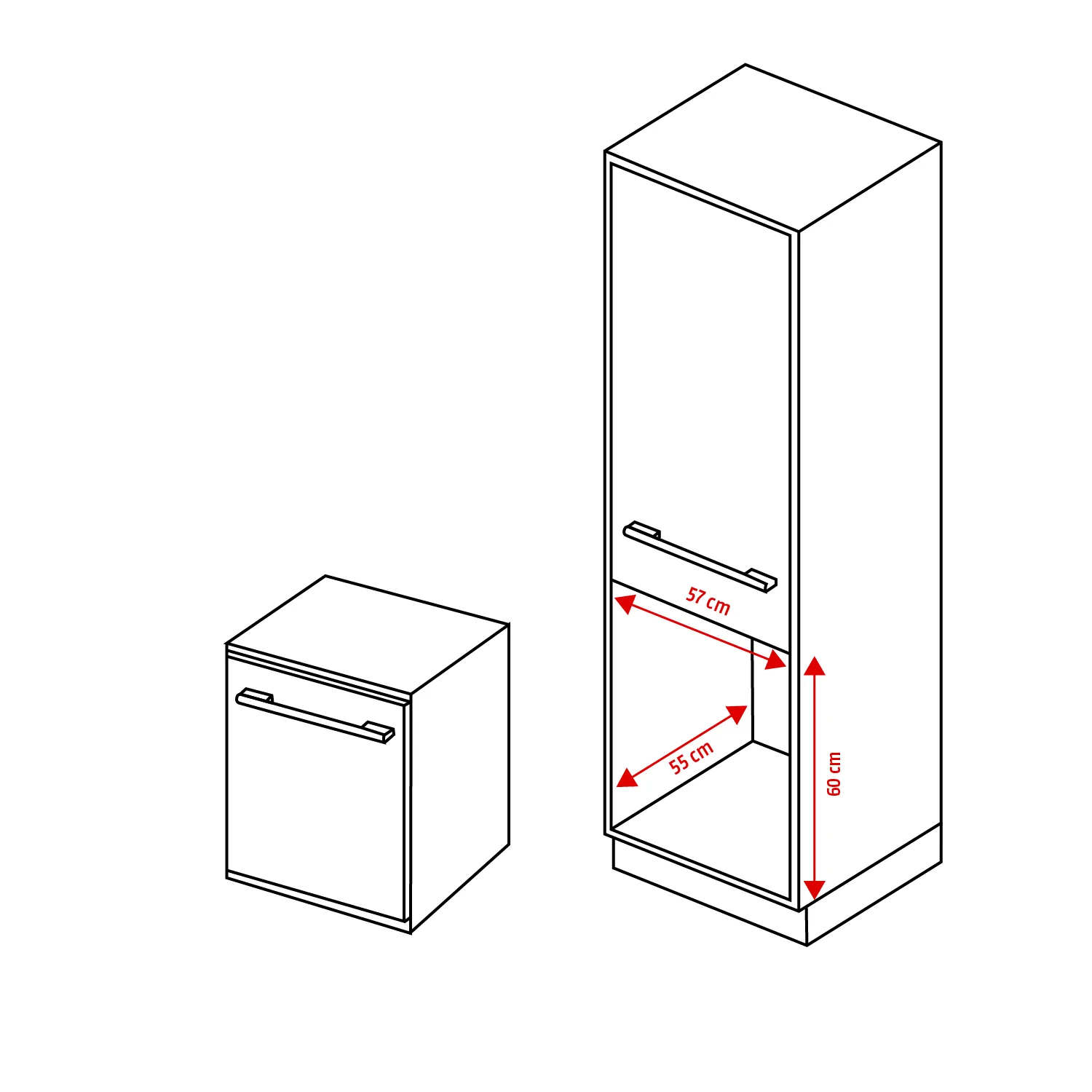 Schematic drawing of a freezer and a built-in cabinet, showing installation dimensions of 57 cm wide, 55 cm deep, and 60 cm high.