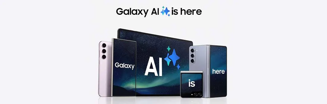 Een reeks Galaxy toestellen, van smartphone tot tablet en foldable, staan samen in het donkerblauwe sterrenbeeld, met de slogan “Galaxy AI is here”.