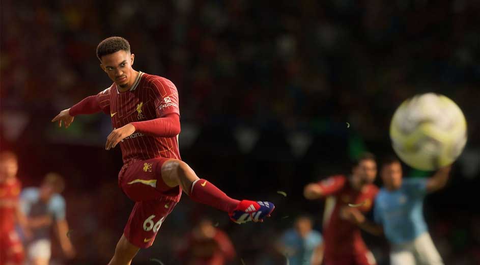 Een voetbalspeler in een rood shirt schopt een bal in een stadion. De achtergrond is een menigte.