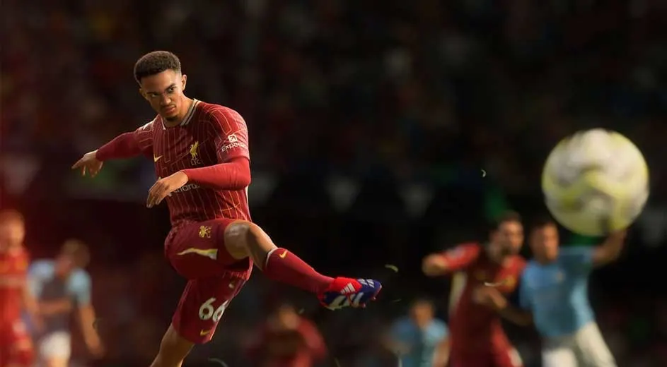 Un joueur en rouge frappe un ballon blanc sur un terrain de football. Le fond est sombre avec d'autres joueurs.