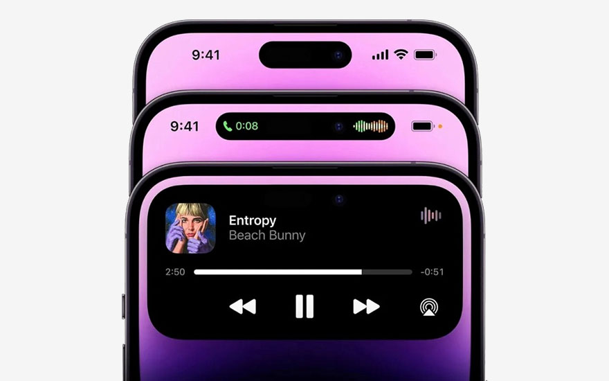Trois smartphones empilés, affichant l'heure (9:41), un appel actif et la lecture d'une chanson ("Entropy" de Beach Bunny).