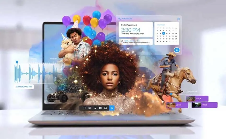 Image d'un ordinateur portable affichant un logiciel de montage vidéo avec divers clips et éléments graphiques superposés.