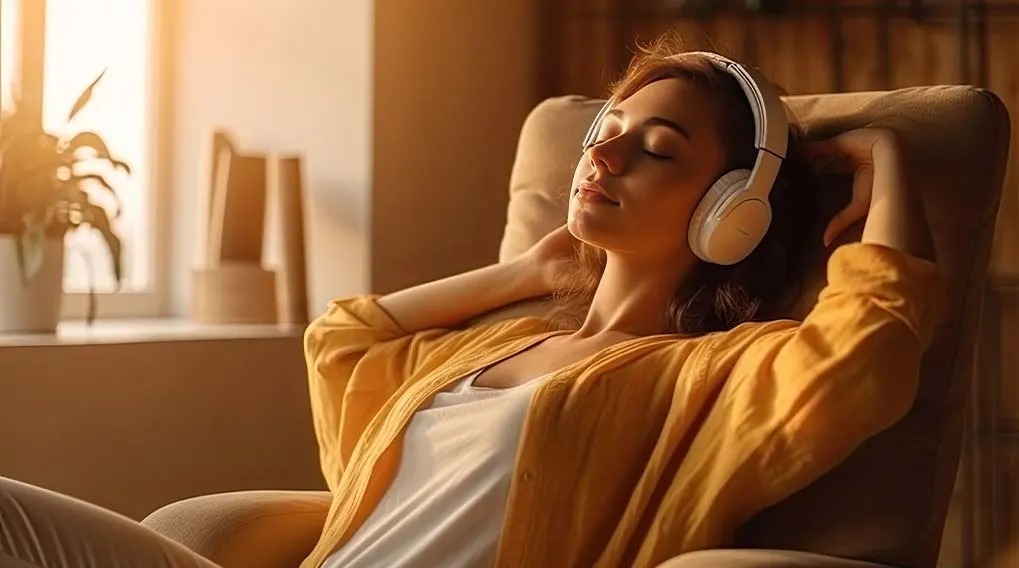 Une personne assise dans un fauteuil beige, portant un casque blanc et une chemise jaune, se détend avec les yeux fermés.