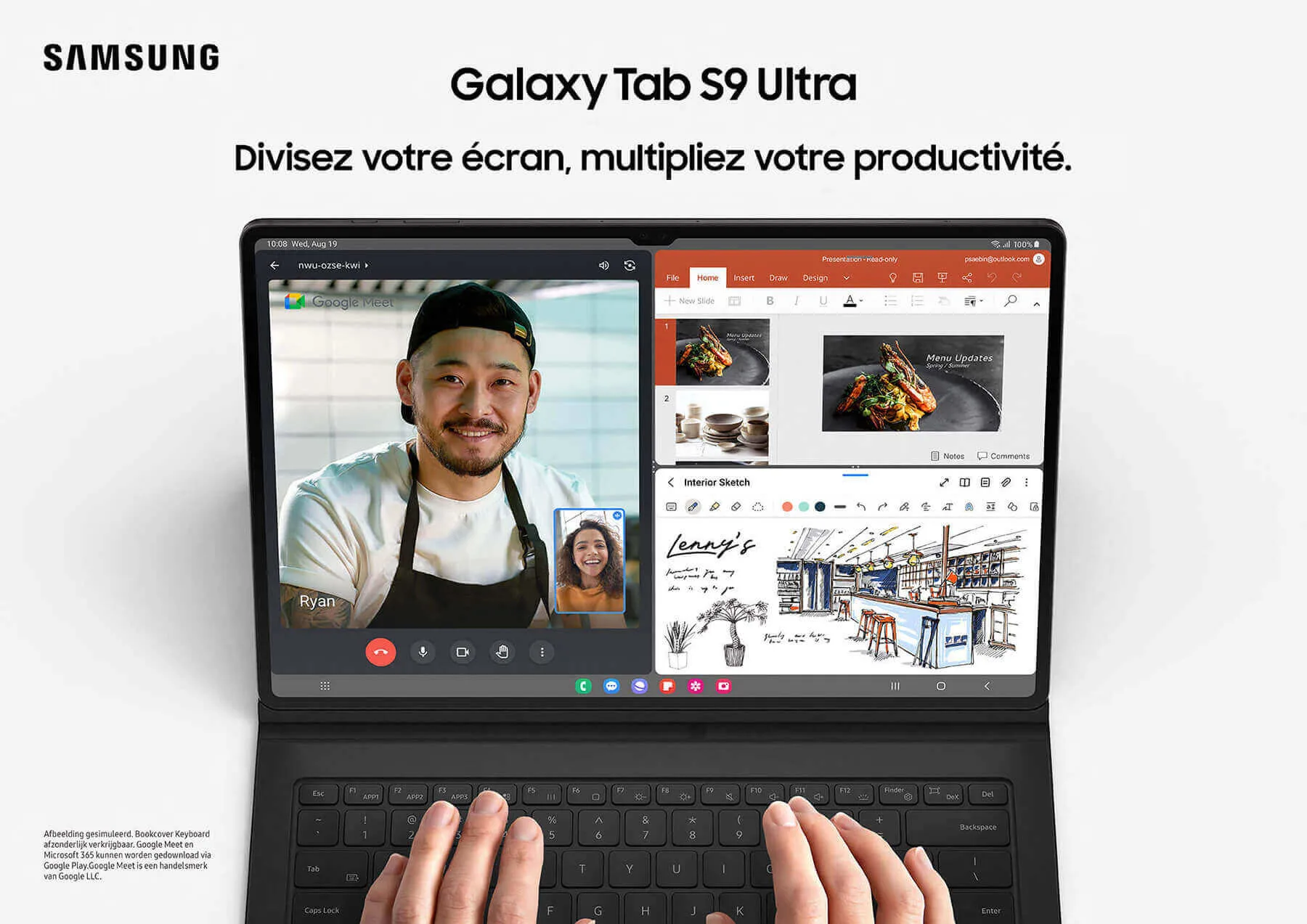 Tablette Samsung affichant un écran partagé : appel vidéo, présentation et croquis. Clavier noir attaché, mains tapant.