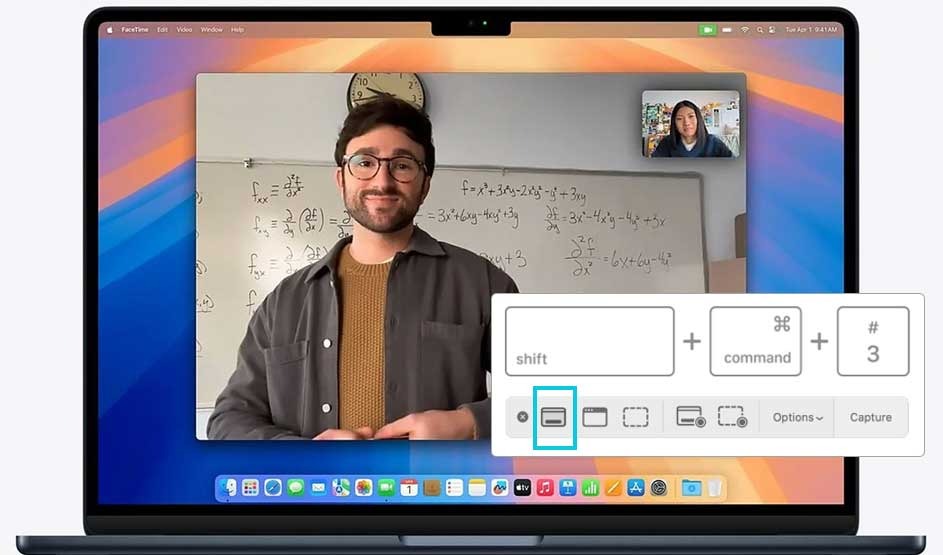 An Apple MacBook shows a FaceTime maths lesson, with a teacher on screen and a small caller window. A screenshot toolbar with Shift+Cmd+3 appears.