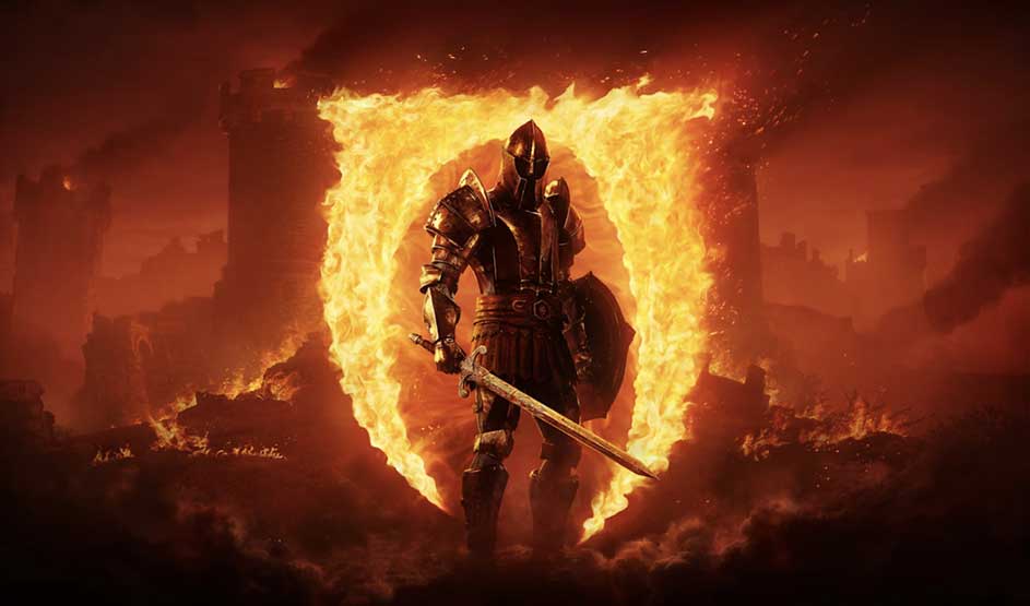 Un chevalier en armure noire tient une épée et un bouclier devant un blason en feu dans des ruines. Marque : The Elder Scrolls.