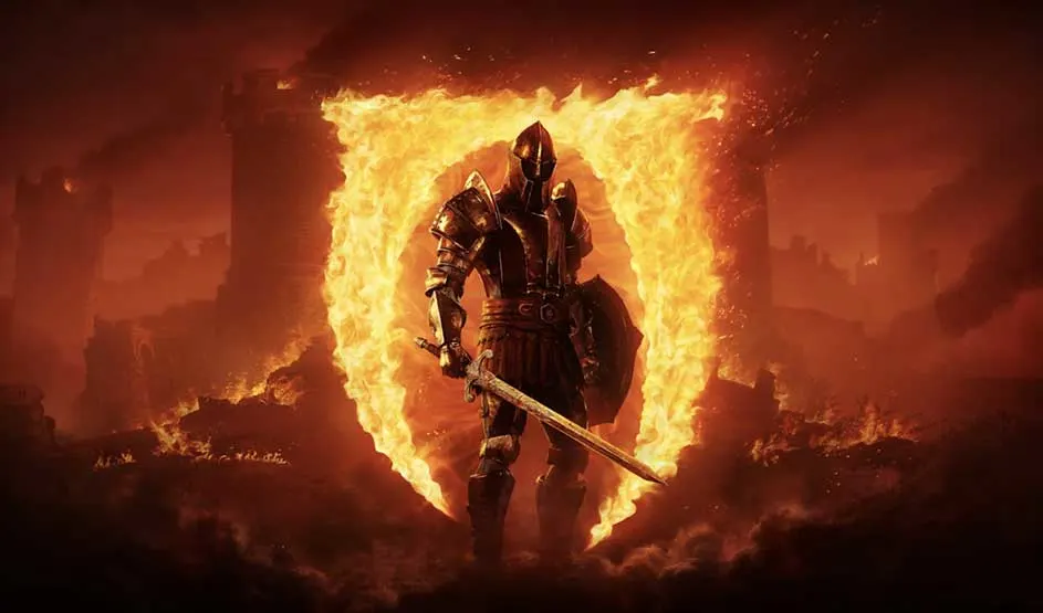 Un chevalier en armure noire tient une épée et un bouclier devant un blason en feu dans des ruines. Marque : The Elder Scrolls.