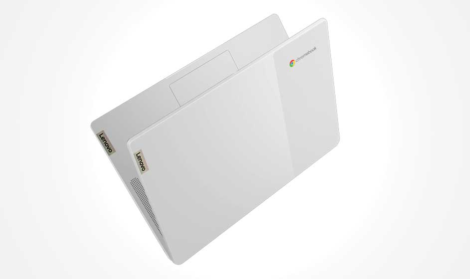 Twee witte Lenovo Chromebooks zweven gedeeltelijk over elkaar op een witte achtergrond, met zichtbare logo’s, ventilatie en trackpad.
