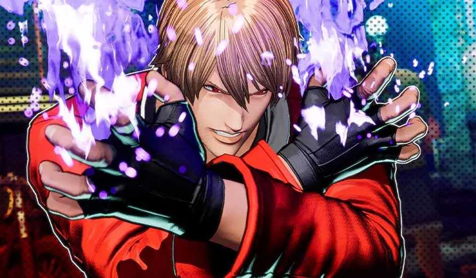 Een afbeelding van een man met blonde haren in een rode jas, met paarse energie rond zijn handen op een vlekkerige achtergrond.