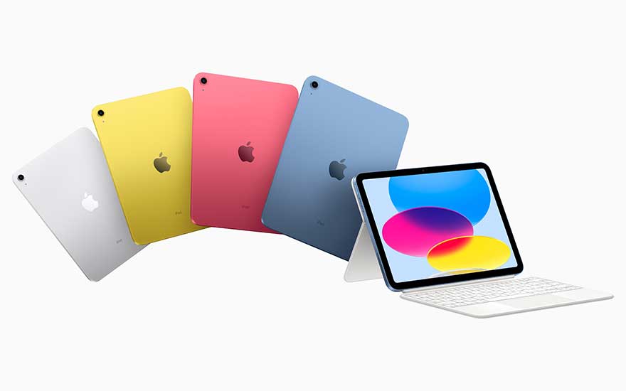 Vijf iPads in zilver, geel, roze en blauw waaieren uit op wit; één staat rechtop met toetsenbord en helder kleurrijk scherm.
