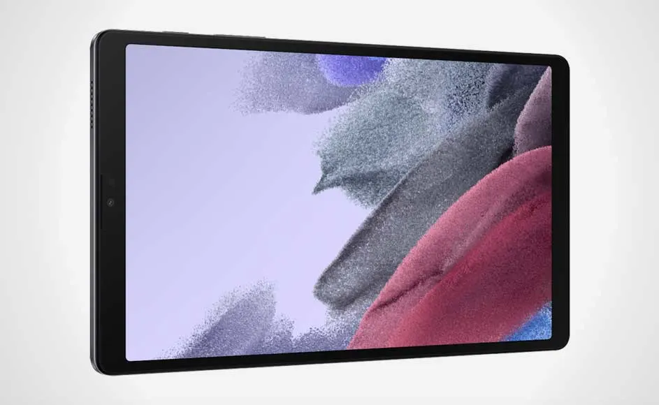 Une tablette noire affiche un écran avec des formes abstraites en mauve, gris et rouge sur un fond blanc uni.