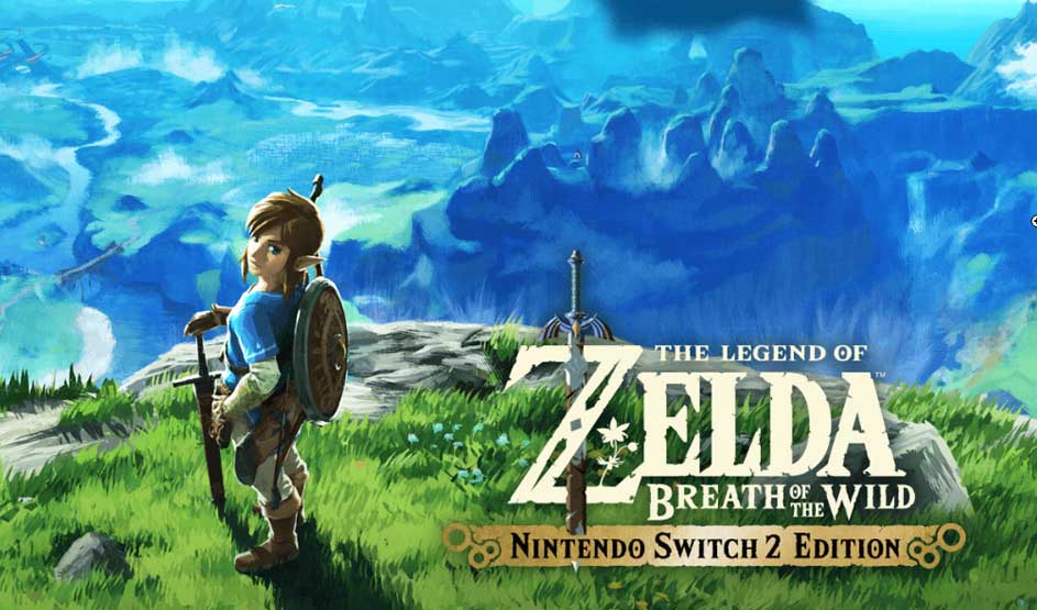 Op een groene heuvel kijkt Link uit over een uitgestrekt landschap met bergen en bossen. Logo van The Legend of Zelda. Merk: Nintendo.