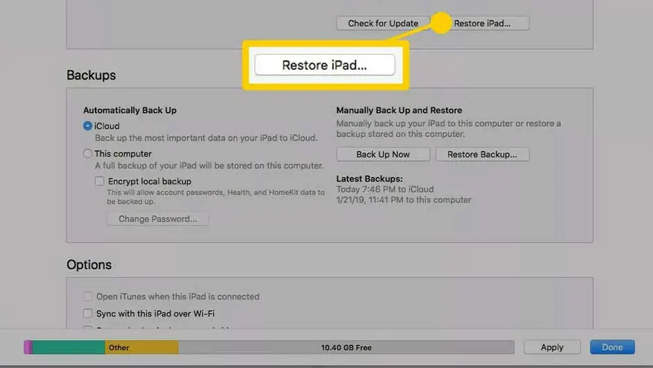 Capture d'écran de paramètres gris avec les options de sauvegarde iPad, mettant en évidence le bouton "Restaurer iPad".