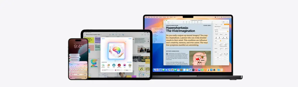 Drie apparaten: een iPhone met toetsenbord, een iPad met een app-interface en een MacBook met een document "Hyperphantasia".