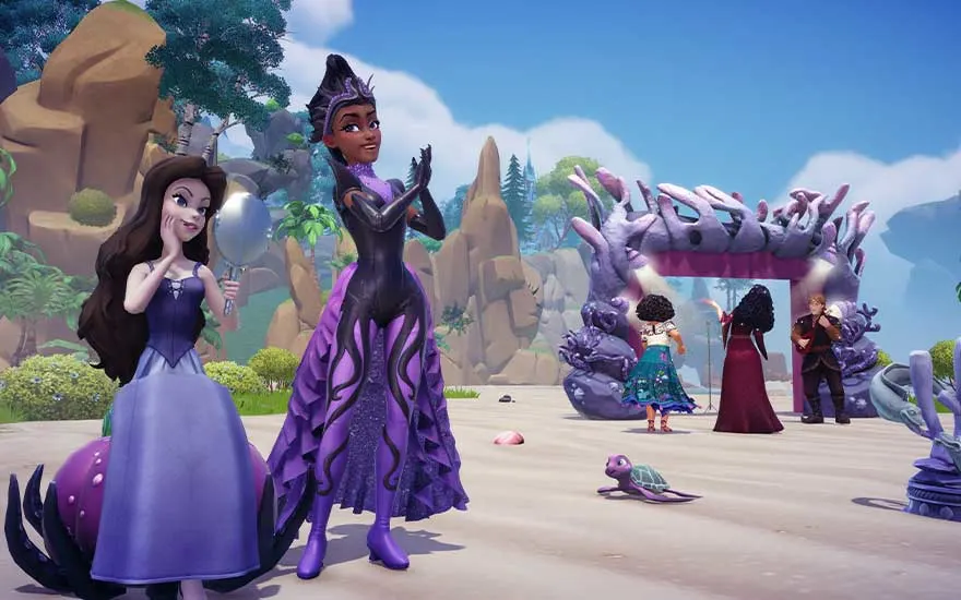 On a fairytale beach, two powerful sorceresses pose confidently as visitors pass through a purple coral arch beside playful sea creatures.