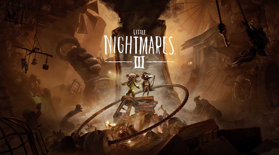 Two small characters stand on a wooden platform in a dark, mysterious environment filled with ropes and shadows for the game Little Nightmares III.