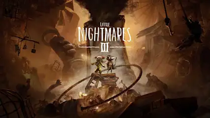 Two small characters stand on a wooden platform in a dark, mysterious environment filled with ropes and shadows for the game Little Nightmares III.