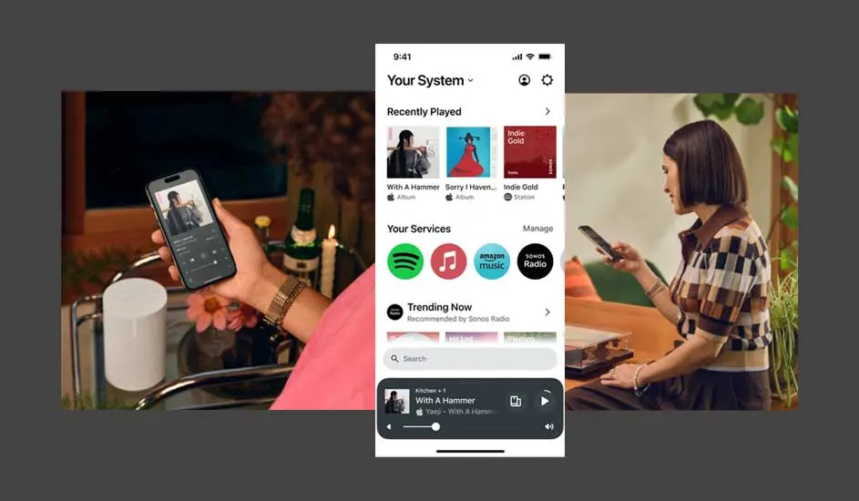 Twee schermen tonen een smartphone-app voor muziekstreaming met afspeellijsten en service-opties. Eén scherm toont de app in gebruik.