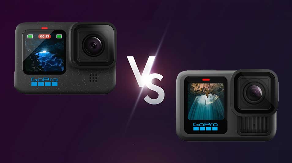 Deux caméras GoPro face à face avec un symbole "VS" au centre sur un fond violet.