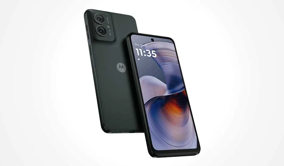 Twee zwarte Motorola-smartphones, één toont het scherm met abstracte afbeelding, de ander toont achterkant en logo.