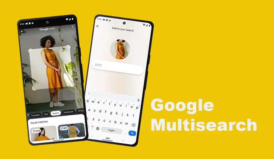 Twee smartphones tonen Google Lens en Multizoek tegen een gele achtergrond. De linker telefoon toont een foto van een jurk.